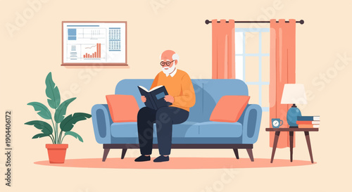 Elderly man reads a book on a blue couch in a cozy room