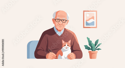 Elderly man with eyeglasses and cat writing at a desk
