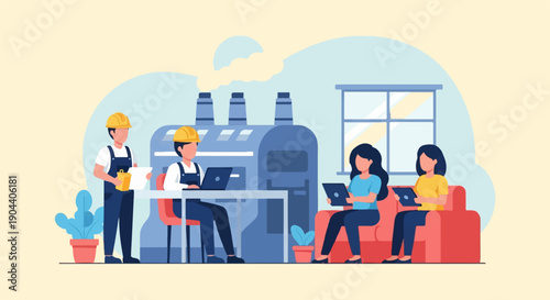 Factory workers and office staff collaborate using technology in an office