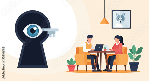 Eye peering through keyhole with a key; people work on laptops in a bright room