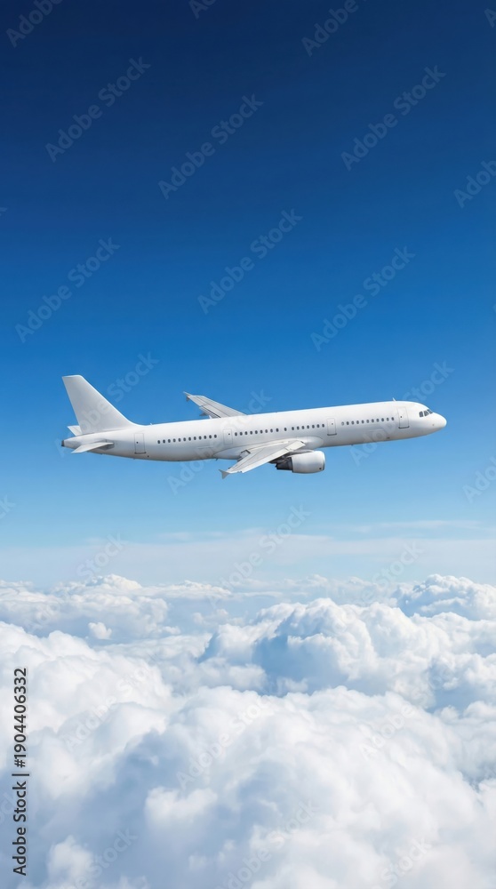 Obraz premium Commercial Airplane Soaring Above Fluffy Clouds Against a Clear Blue Sky on a Bright Sunny Day.