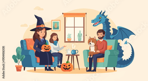 Family enjoys Halloween with a witch, dog, and friendly dragon