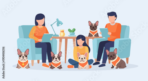 Family and French bulldogs relaxing indoors