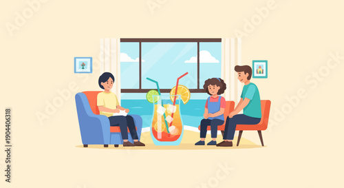 Family enjoys refreshments by the sea