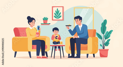 Family enjoys time together indoors, sharing food and drinks