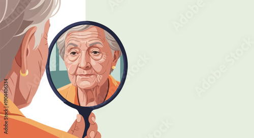 Elderly woman observes her wrinkled face in a hand mirror