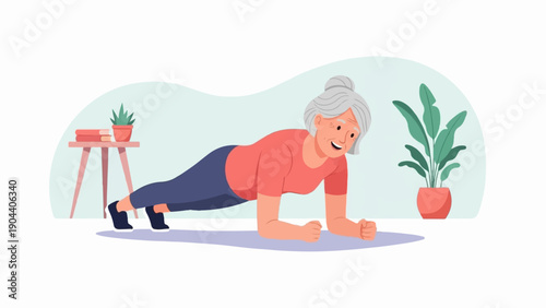 Elderly woman performing a plank exercise indoors with plants and books