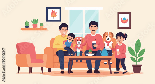 Family and dogs relaxing on a sofa in a cozy living room