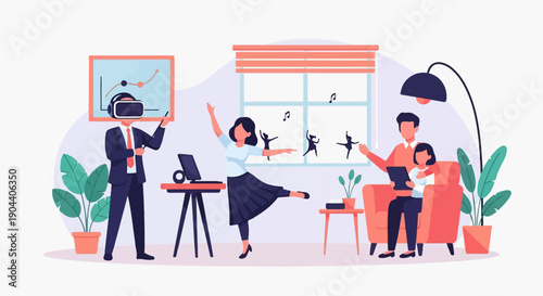 Family enjoys virtual reality, dancing, and tablet time indoors