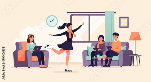 Family enjoys winter indoors; one skates, others relax with devices