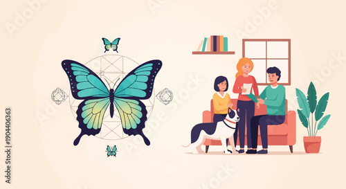 Family and pet gather around a large butterfly with geometric patterns