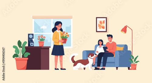 Family and pet enjoying a cozy moment indoors, with plants and a painting