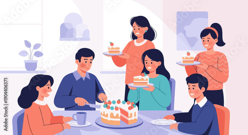 Family gathered around a table, sharing and enjoying a cake together