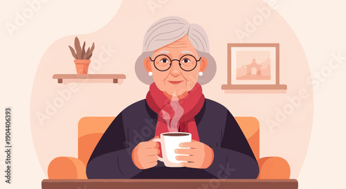 Elderly woman with glasses and scarf holding a warm cup of coffee