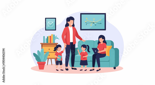 Family gathered indoors, learning and working together