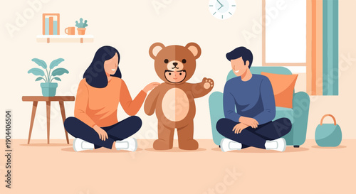 Family in living room with child in bear costume and indoor plants