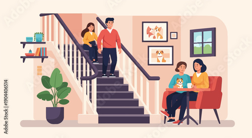 Family indoors with pets, stairs, and seating area