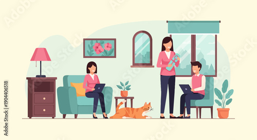 Family in living room with cat, baby and laptops
