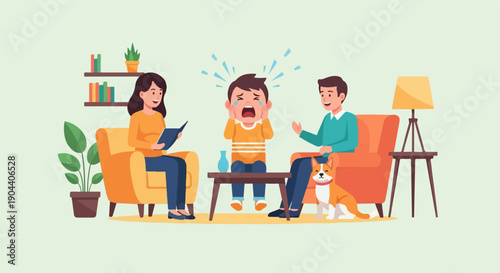 Family in living room, a child is crying, parents comfort, dog nearby