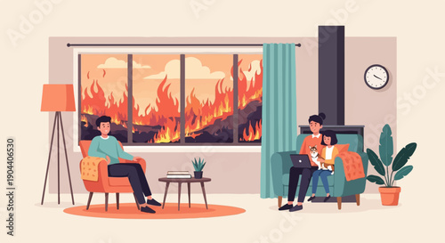 Family indoors with laptop and pet watching wildfire from window