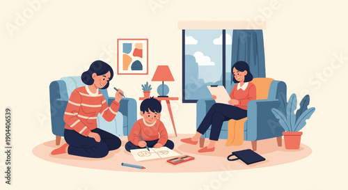 Family indoors, mother and child drawing, second mother reading