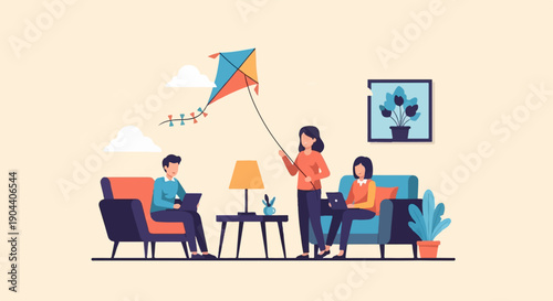 Family indoors flying a kite with laptops and potted plants