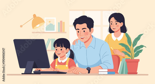 Family learning together on a computer in a warm, home environment
