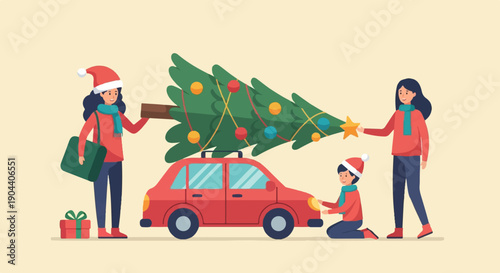 Family loads a festive Christmas tree onto a red car with gifts nearby