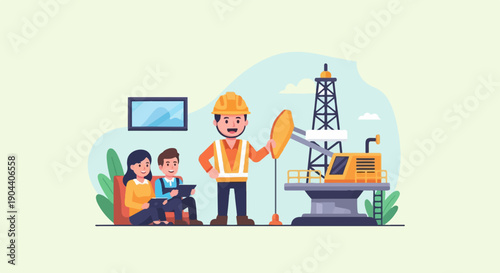 Family interacts with an oil worker near a drilling rig