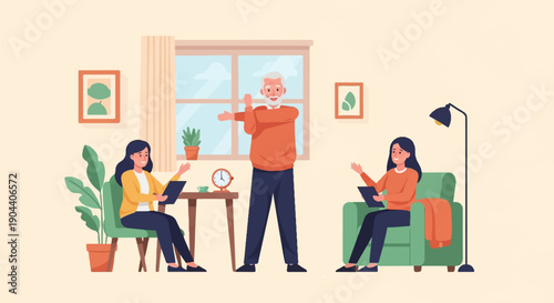 Family members exercise together indoors and use tablets