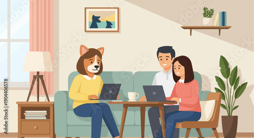 Family of three, including a dog-person, work together on laptops at home