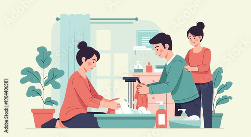 Family members washing clothes together indoors with plants and window in background