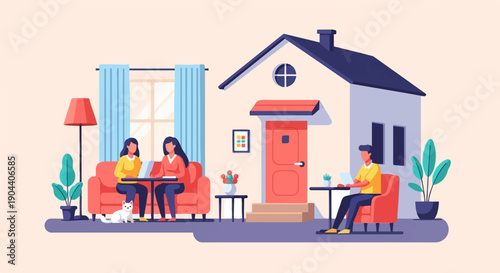 Family members working and studying on laptops in a home environment