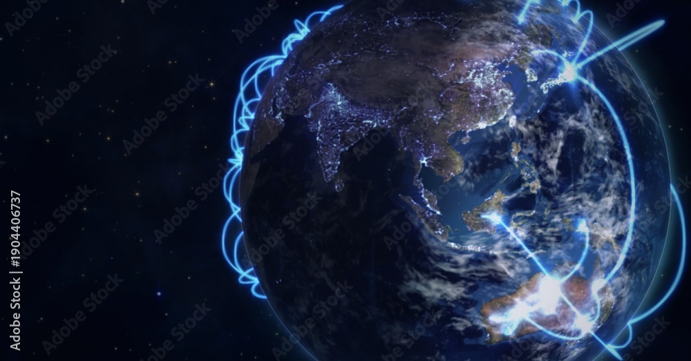 Obraz premium Composition of glowing blue network of connections over globe