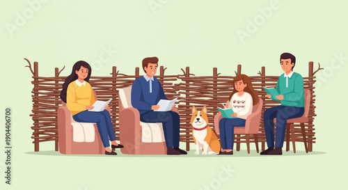 Family relaxing and reading books outdoors near a wooden fence