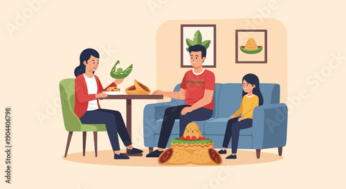 Family enjoying a meal together with Mexican food