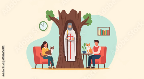 Family relaxing with pets around a stylized tree with a knight