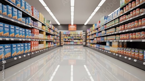 Supermarket Aisle with Shelves and Products.