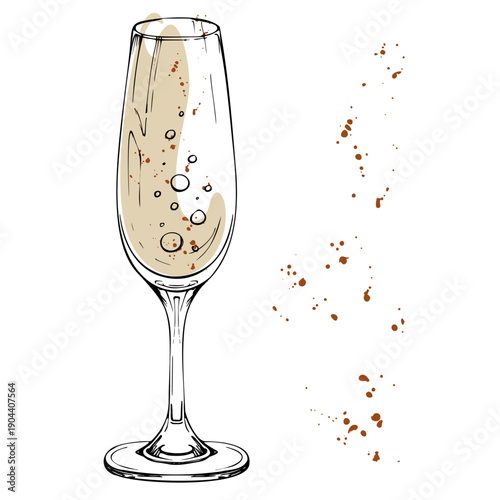 Champagne flute with fizzy bubbles, creamy liquid drink. Vector hand drawn in minimal ink, color splatter dots and drops. Crisp digital look for bar visuals, modern menu icons, or pattern designs.