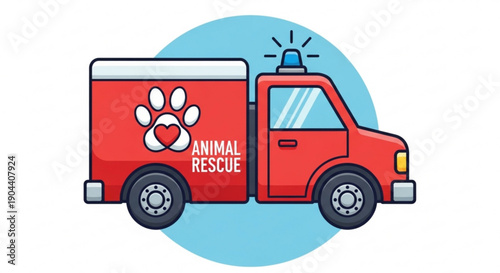 Red animal rescue truck with paw print logo and blue siren on top against a light blue circle background