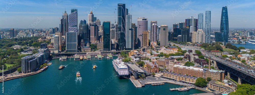 Naklejka premium 7 February 2026 Panorama Aerial View of Sydney Harbour Circular Quay cruise Liner on a nice Summer day beautiful Sky in Sydney NSW Australia