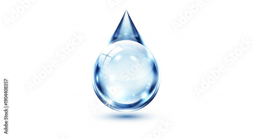 Large transparent water drop with smaller drop above on white background symbolizing hydration and refreshment