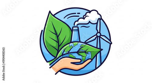 Earth in hand with green leaf smokestack and wind turbines for eco friendly and sustainable energy concept