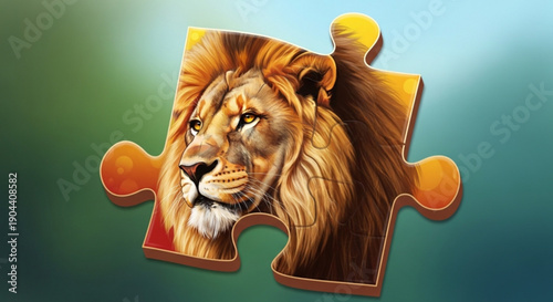 Majestic lion's head on a puzzle piece with a gradient background symbolizing uniqueness and wildlife