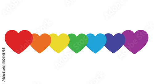 A row of vibrant, overlapping rainbow-colored hearts stands prominently symbolizing love and diversity concepts.