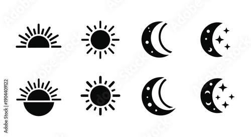 Collection of simple black and white icons depicting various stages of the sun and moon for weather or nature applications