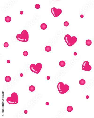 scattered pattern of pink hearts and pink dots, the elements are randomly distributed creating a playful and whimsical aesthetic for valentine's day, seamless
