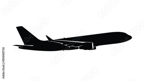 Black silhouette of a large commercial airplane flying against a white background, symbolizing travel, aviation, and transport.