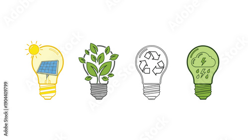 Four lightbulb icons featuring solar panels, green leaves, recycling symbols, and weather patterns representing sustainable energy concepts.