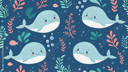 Whimsical cartoon whales swim amidst coral reef seaweed in a vibrant underwater seamless pattern design for kids' decor and fabric